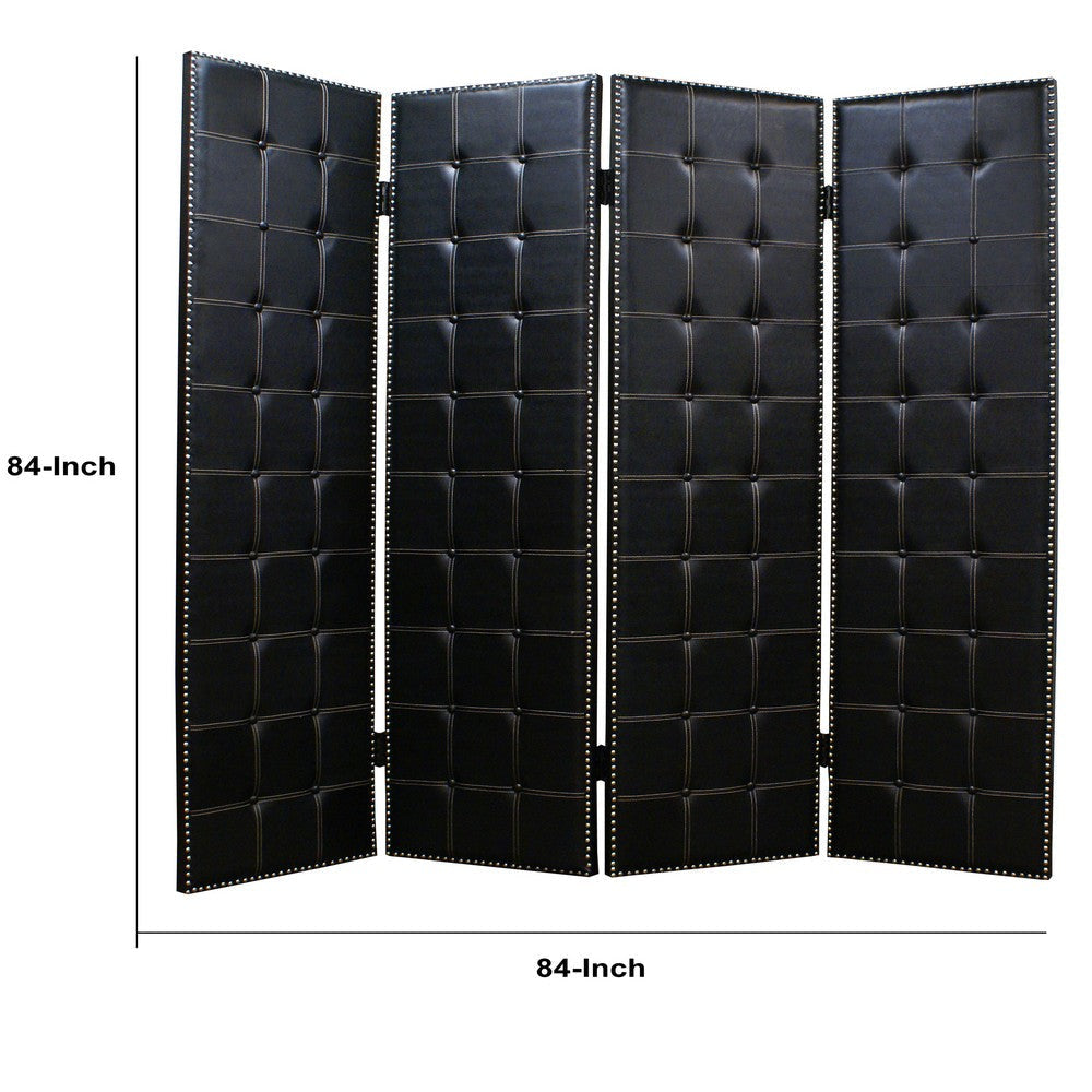 Wooden 4 Panel Screen with Leatherette Button Tufting Details Black BM205940