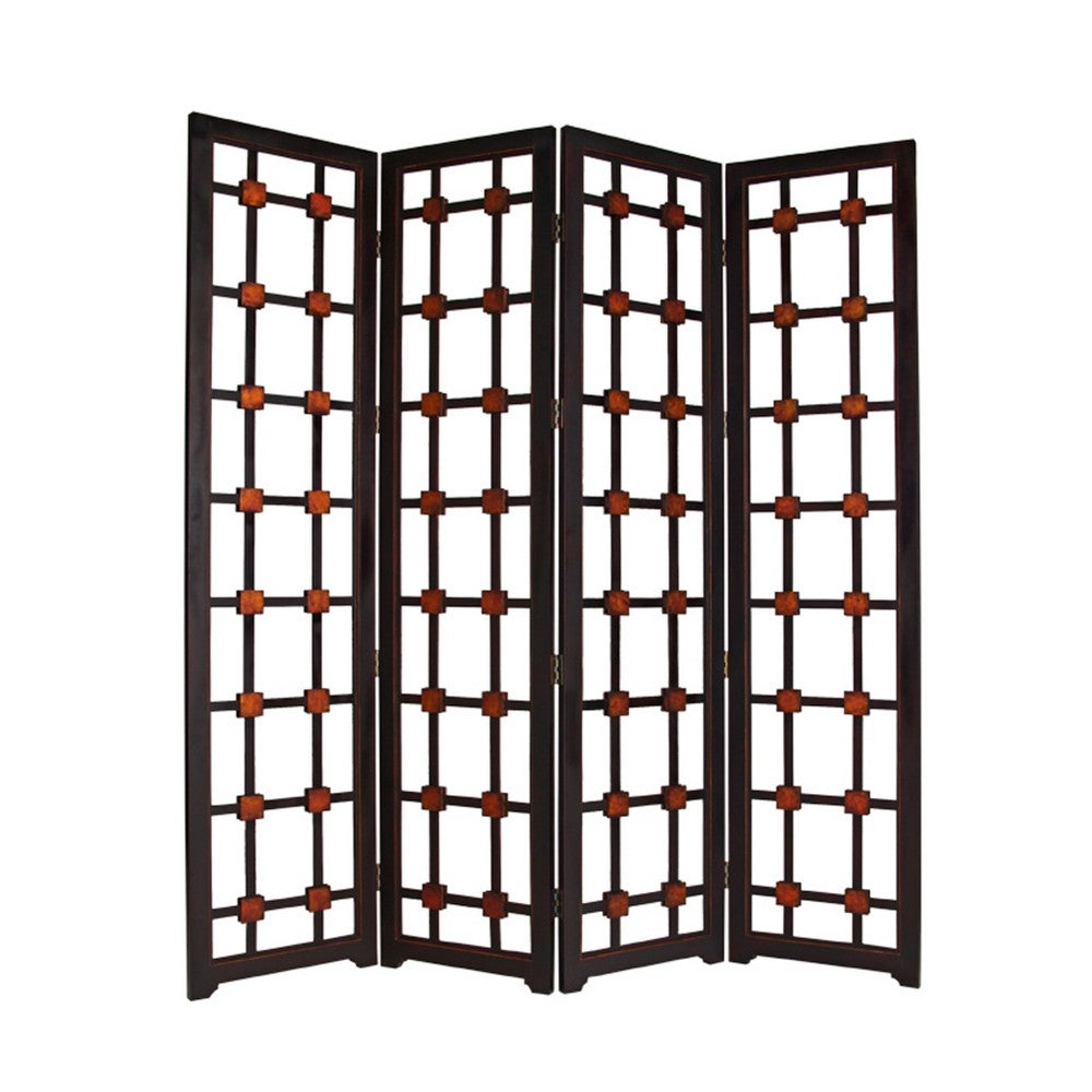 Wooden 4 Panel Screen with Modern Cosmopolitan Design, Black and Red