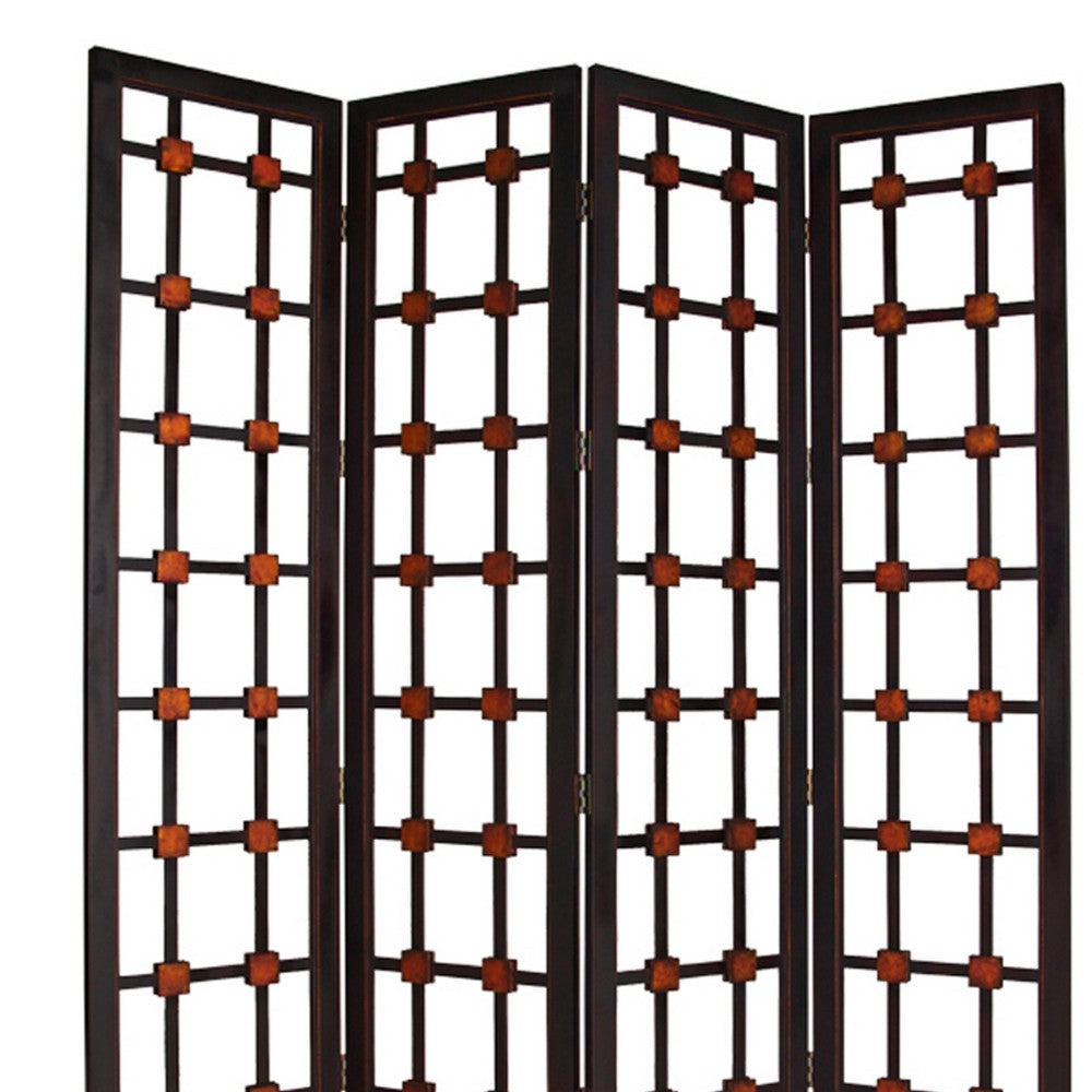 Wooden 4 Panel Screen with Modern Cosmopolitan Design, Black and Red