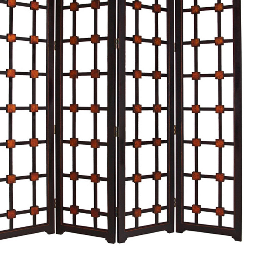 Wooden 4 Panel Screen with Modern Cosmopolitan Design, Black and Red