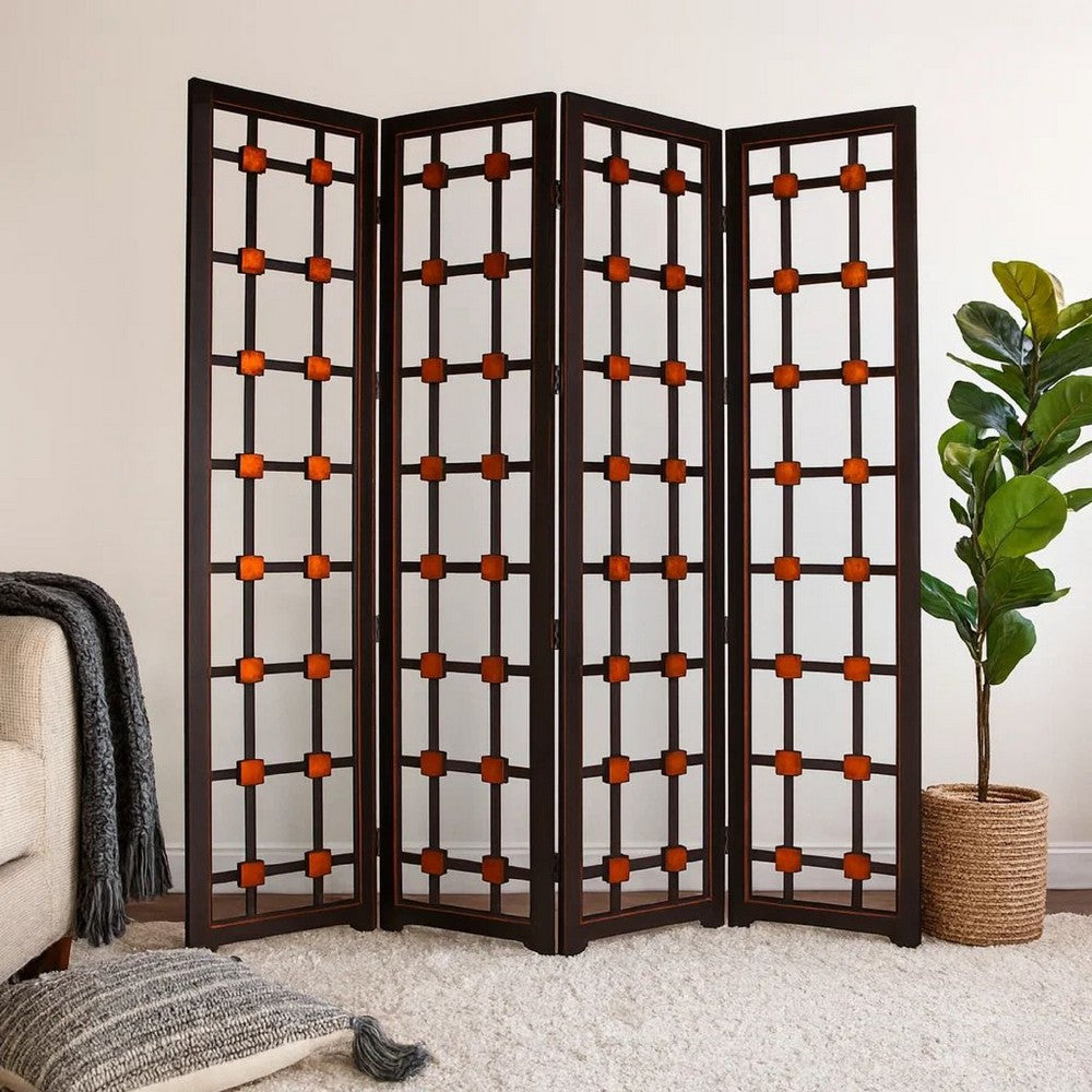 Wooden 4 Panel Screen with Modern Cosmopolitan Design, Black and Red