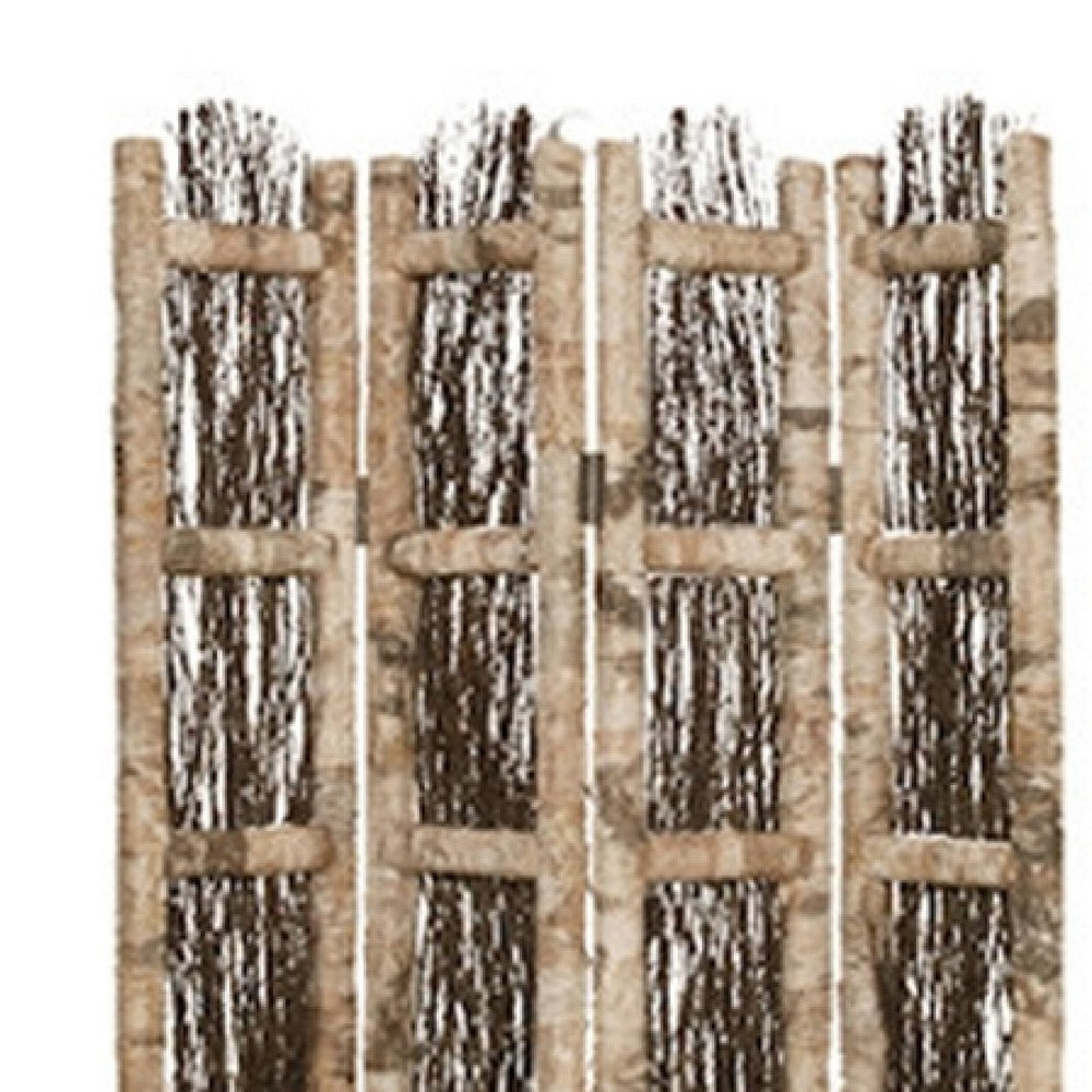 Wooden Foldable Screen with Twig Design 4 Ladder Style Panels, Brown