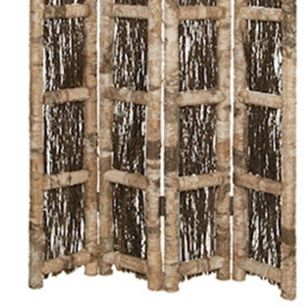 Wooden Foldable Screen with Twig Design 4 Ladder Style Panels, Brown