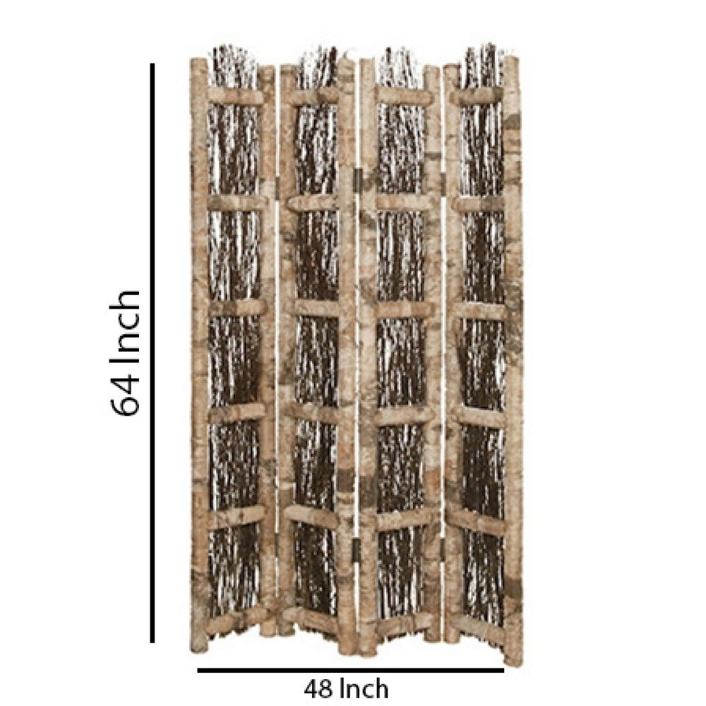 Wooden Foldable Screen with Twig Design 4 Ladder Style Panels, Brown
