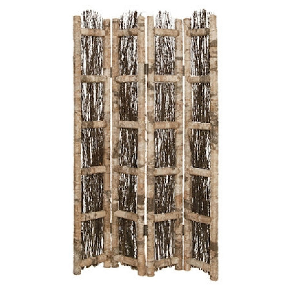 Wooden Foldable Screen with Twig Design 4 Ladder Style Panels, Brown