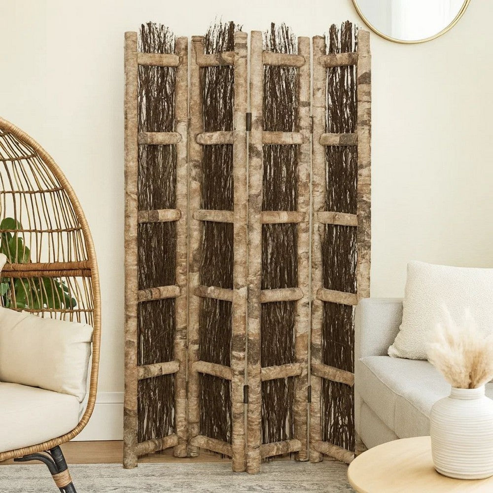 Wooden Foldable Screen with Twig Design 4 Ladder Style Panels, Brown