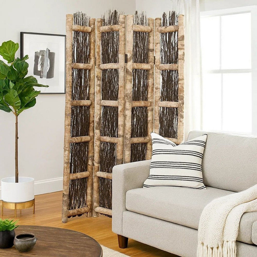 Wooden Foldable Screen with Twig Design 4 Ladder Style Panels, Brown