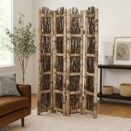 Wooden Foldable Screen with Twig Design 4 Ladder Style Panels, Brown