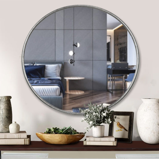 Contemporary Style Round Metal Framed Wall Mirror, Large, Antique Silver - BM205992 By Casagear Home