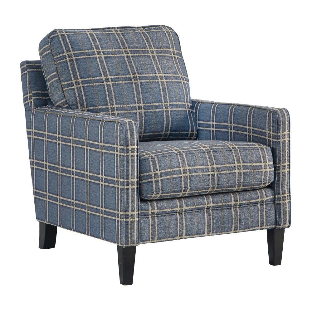 Ashley Fabric Upholstered Accent Chair with Checkered Details, Blue and Brown
