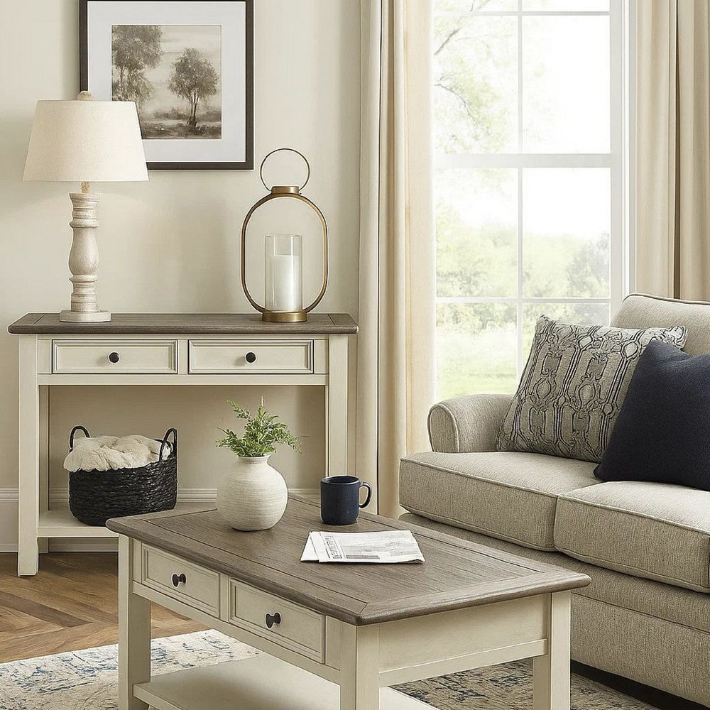 Sofa Table | Plank Top | 2 Gliding Drawers | Brown & White