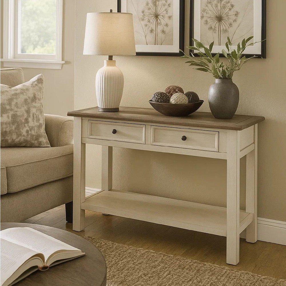 Sofa Table | Plank Top | 2 Gliding Drawers | Brown & White