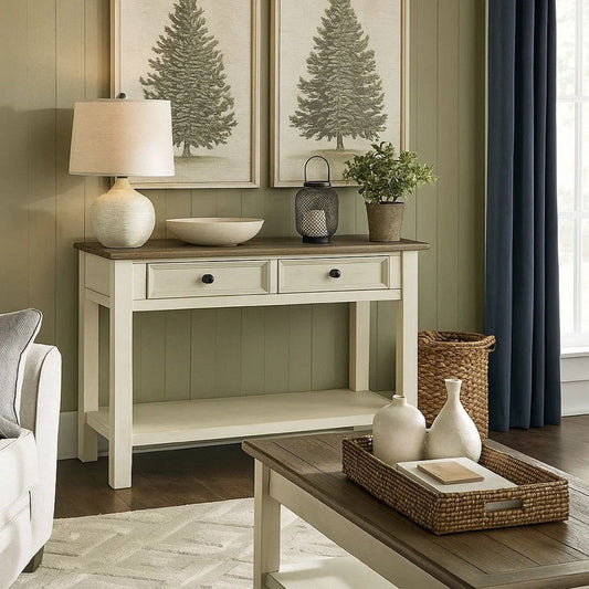 Sofa Table | Plank Top | 2 Gliding Drawers | Brown & White