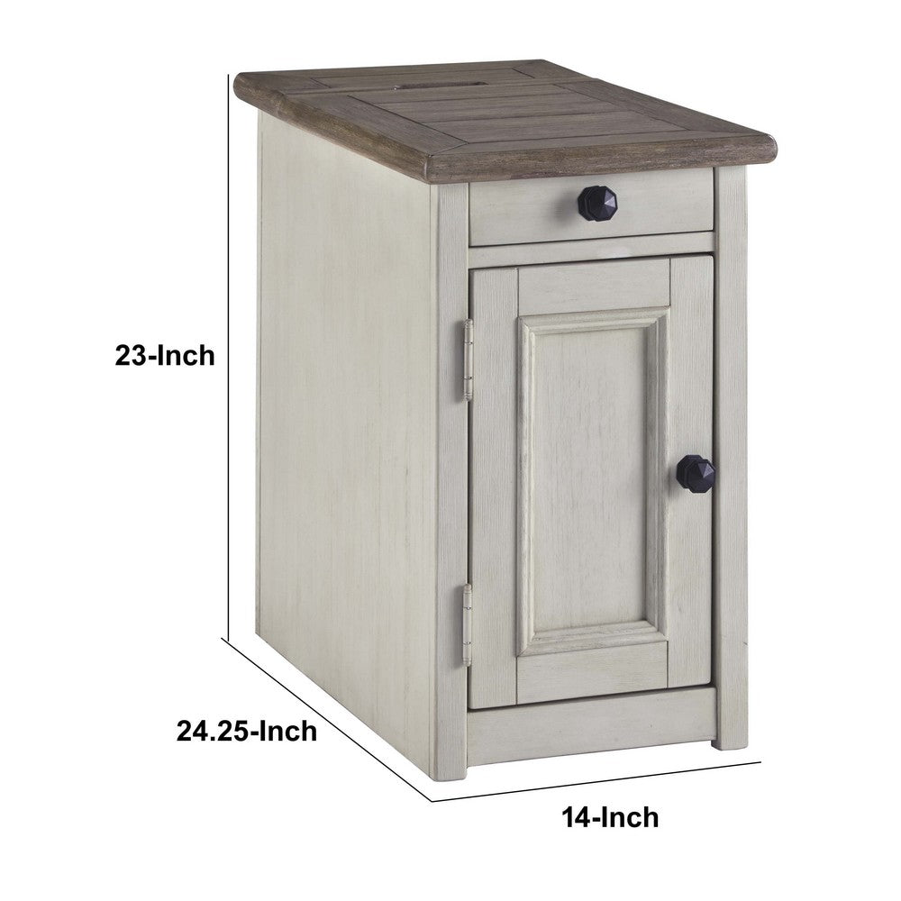 Chair Side Table | 1 Cabinet | Pull Out Tray | White & Brown