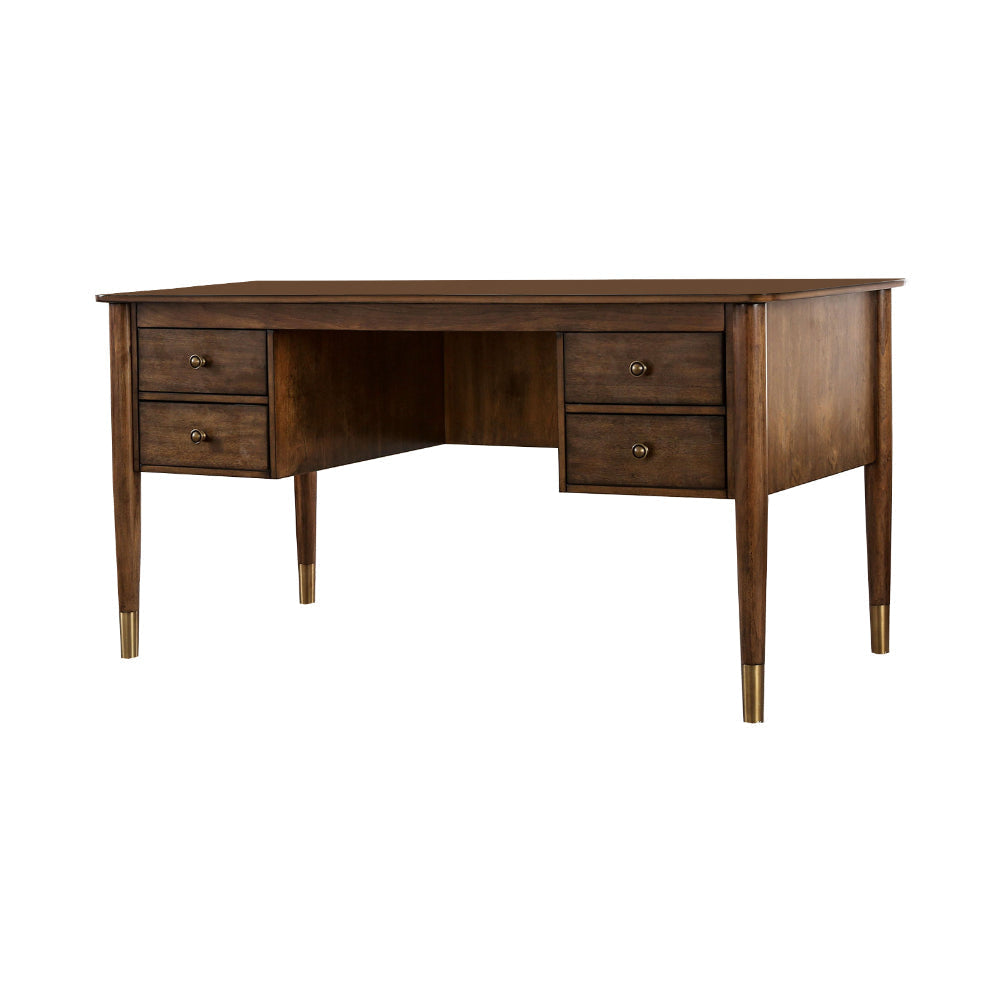 Wooden Desk with 4 Drawers and Metal Toed Feet, Brown and Gold By Casagear Home