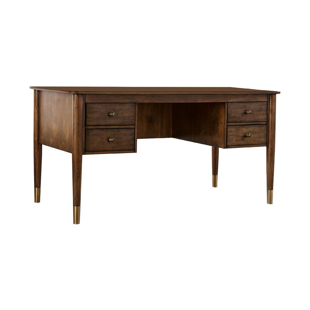 Desk | Wood | 4 Drawers | Metal Toed Feet | Brown & Gold