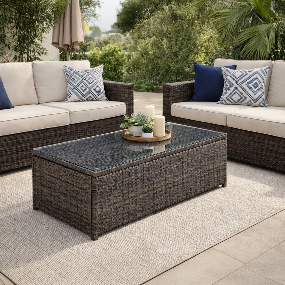 Rectangular Faux Rattan and Aluminum Coffee Table with Glass Top, Brown