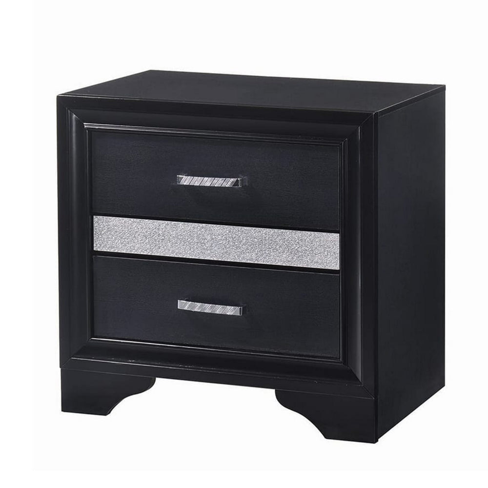 Nightstand with 2 Drawers and Rhinestone Pull Handles, Black and Silver By Casagear Home