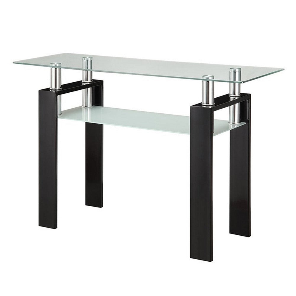 48 Inch Modern Sofa Console Table, Frosted Glass Shelf, Chrome, Black By Casagear Home