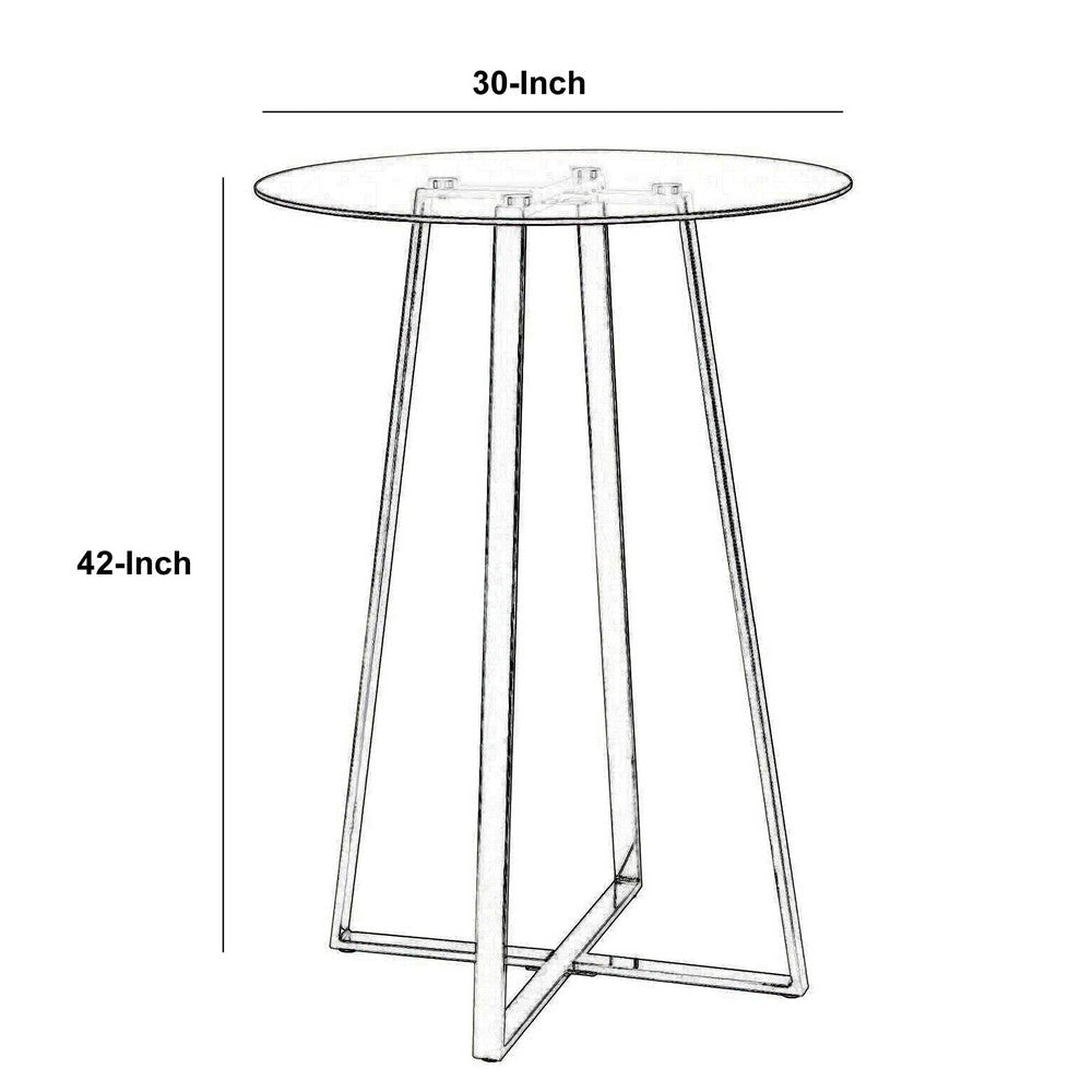 Round Glass Top Metal Frame Bar Table with Angled Legs Silver and Clear By Casagear Home BM206515