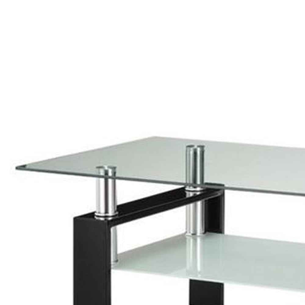 Glass Top Coffee Table with Metal Base and 1 Bottom Shelf Clear and Black BM206516