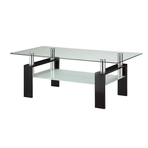 Glass Top Coffee Table with Metal Base and 1 Bottom Shelf, Clear and Black