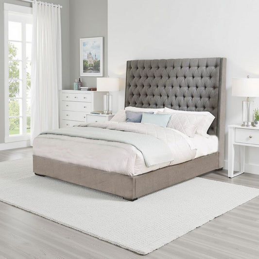 Bed | California King | Fabric Upholstered | Button Tufted | Gray