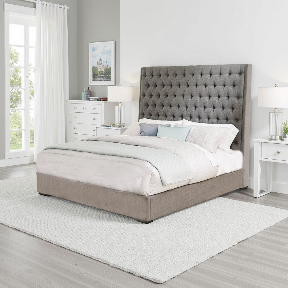 Bed | California King | Fabric Upholstered | Button Tufted | Gray
