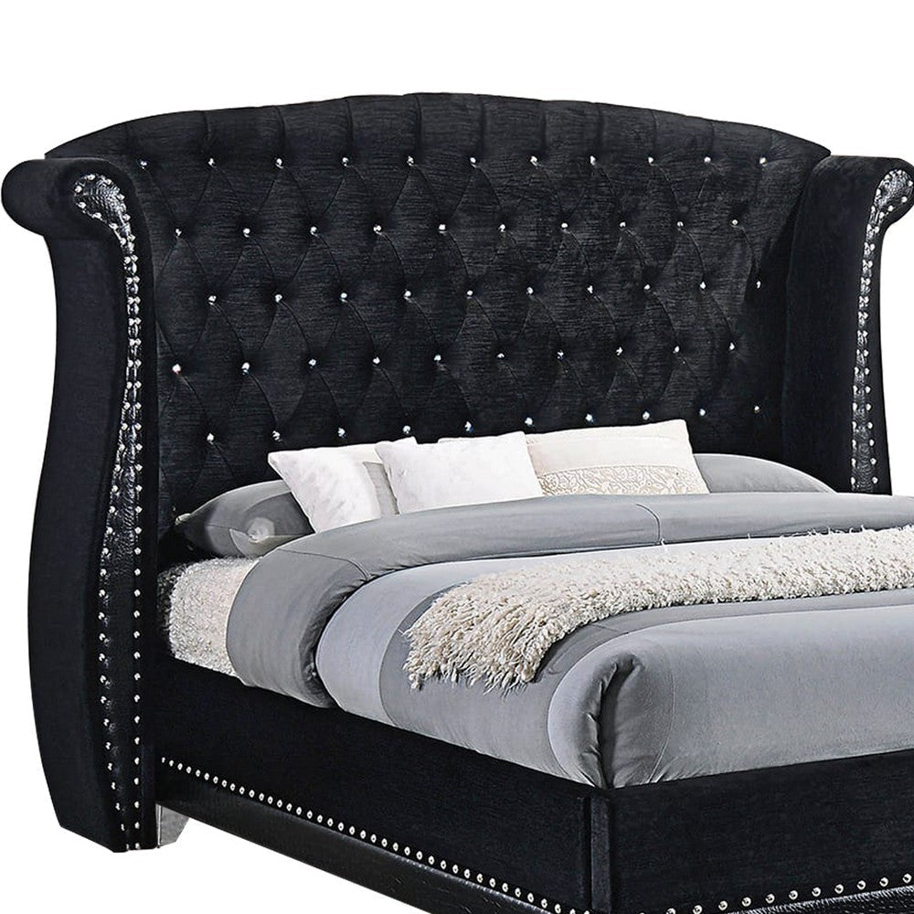 Velvet Upholstered Wooden Queen Size Bed with Shelter Style Headboard,Black By Casagear Home BM206536