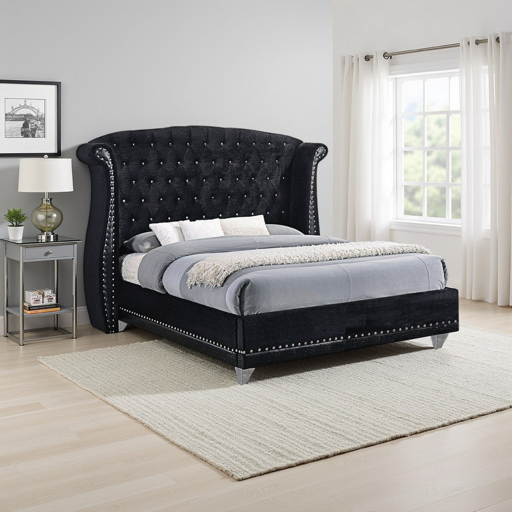 Bed | Queen | Velvet Upholstered | Shelter Headboard | Black
