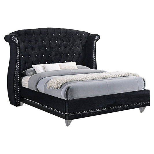 Velvet Upholstered Wooden Queen Size Bed with Shelter Style Headboard,Black By Casagear Home