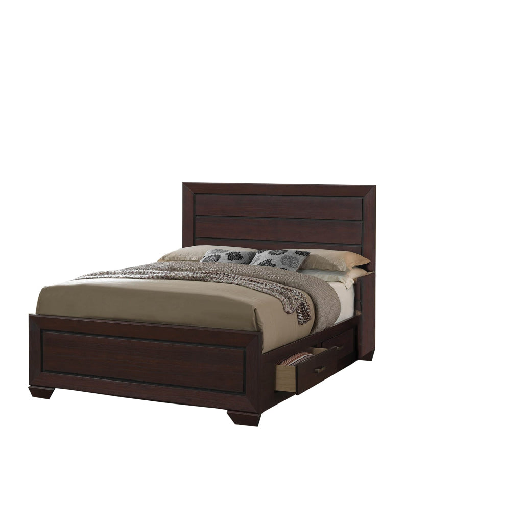 Wooden Eastern King Size Bed with Two Storage Drawers, Brown By Casagear Home