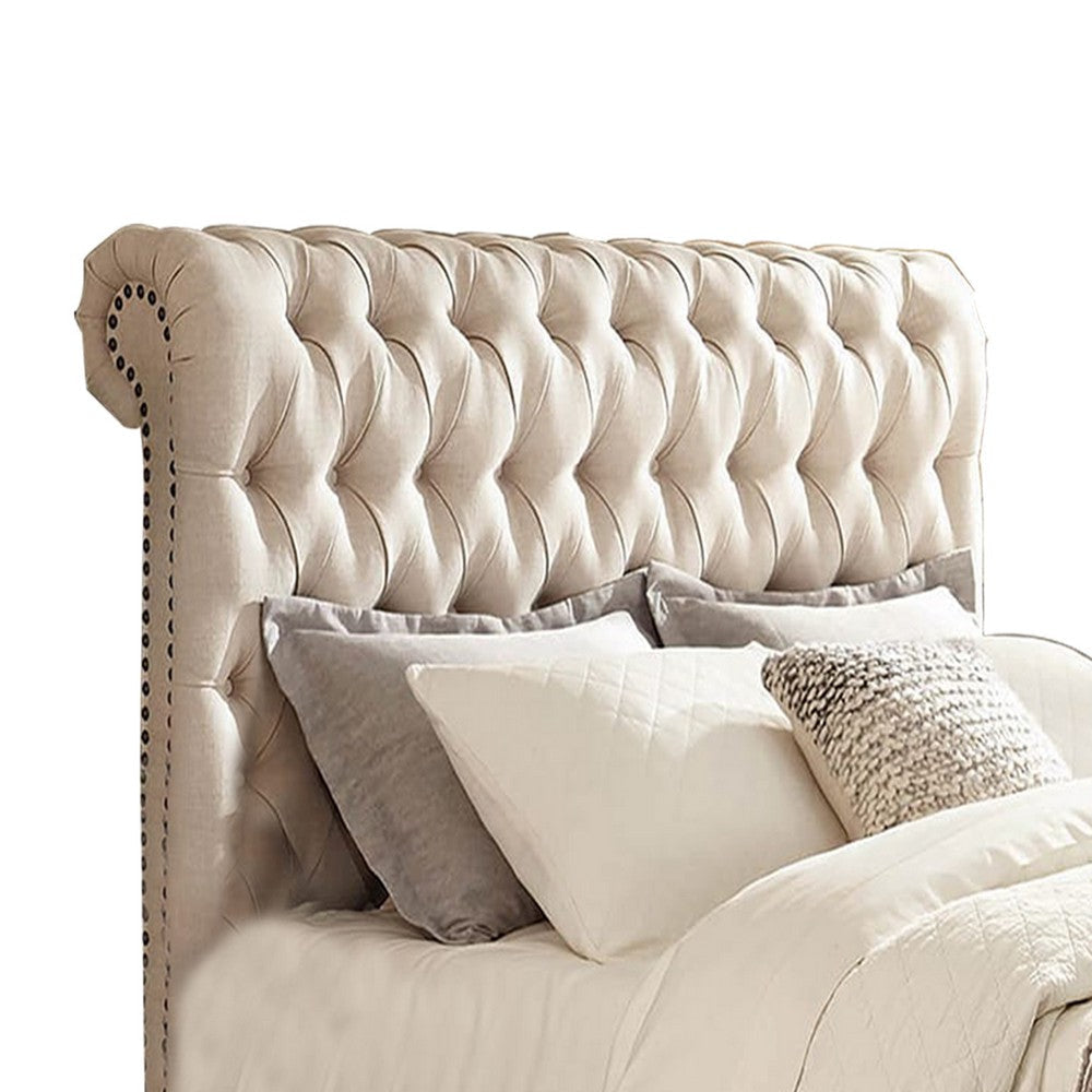 Fabric Upholstered Wooden Queen Bed with Button Tufted Headboard Beige BM206564