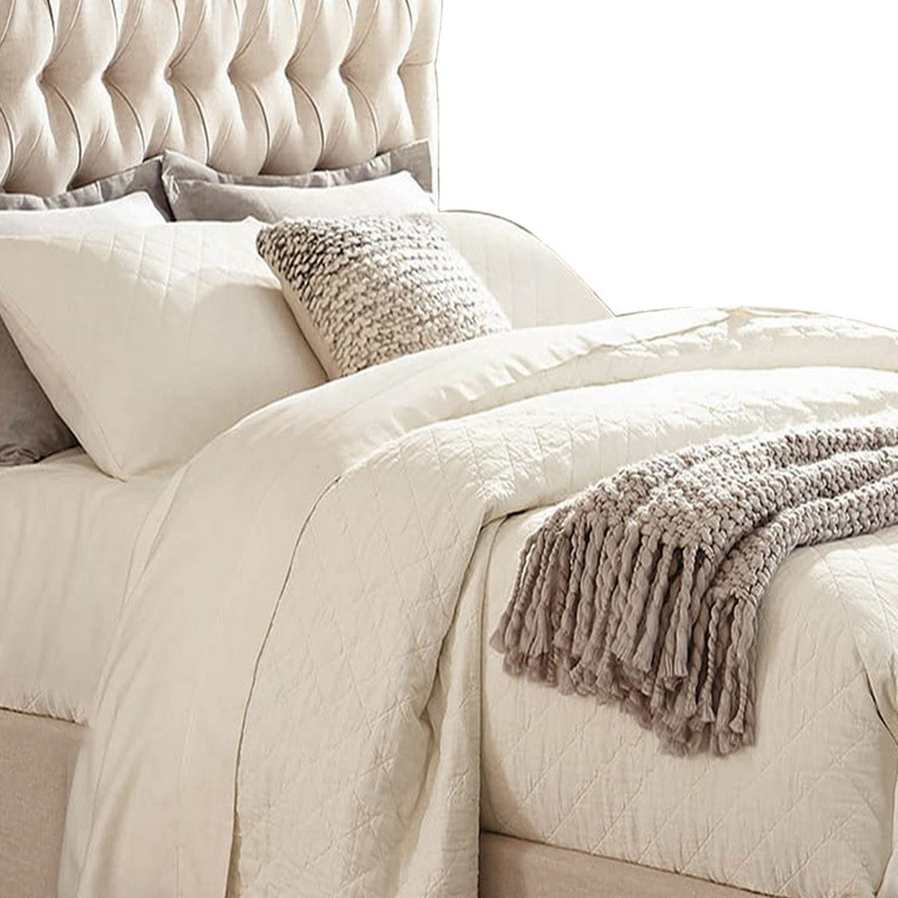 Fabric Upholstered Wooden Queen Bed with Button Tufted Headboard Beige BM206564