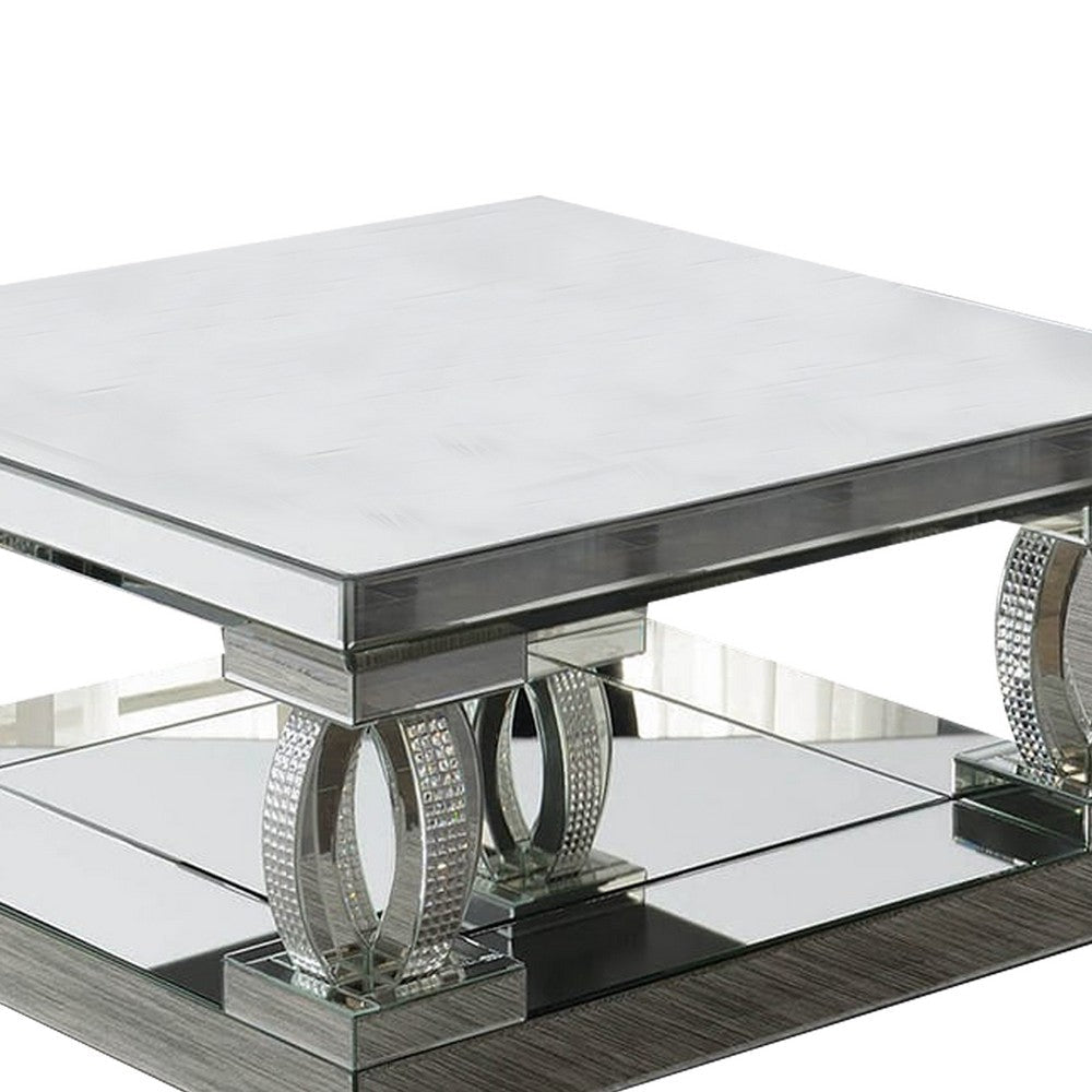 Wood and Mirror Coffee Table with Unique C Shaped Supports Silver BM206577