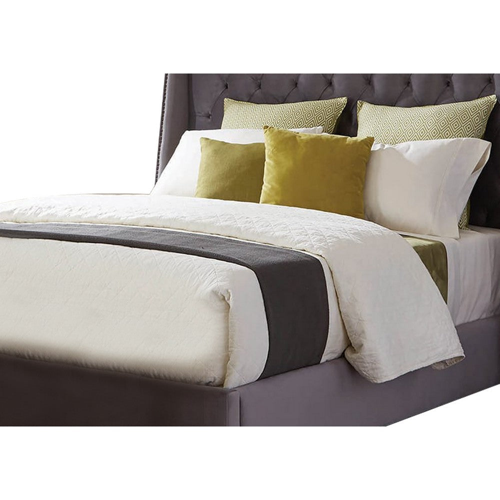 Fabric Upholstered Wooden Queen Size Bed with Winged Headboard Gray By Casagear Home BM206588