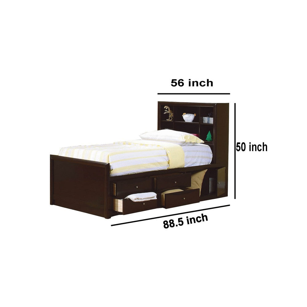 Wooden Full Size Bed with Bookcase Headboard and Storage Unit Brown By Casagear Home BM206596