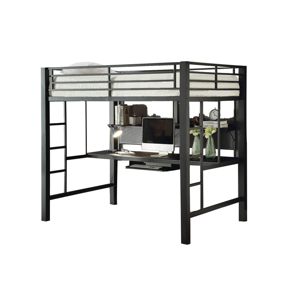 Metal Bunk Bed with Workstation and Guard Rails, Black