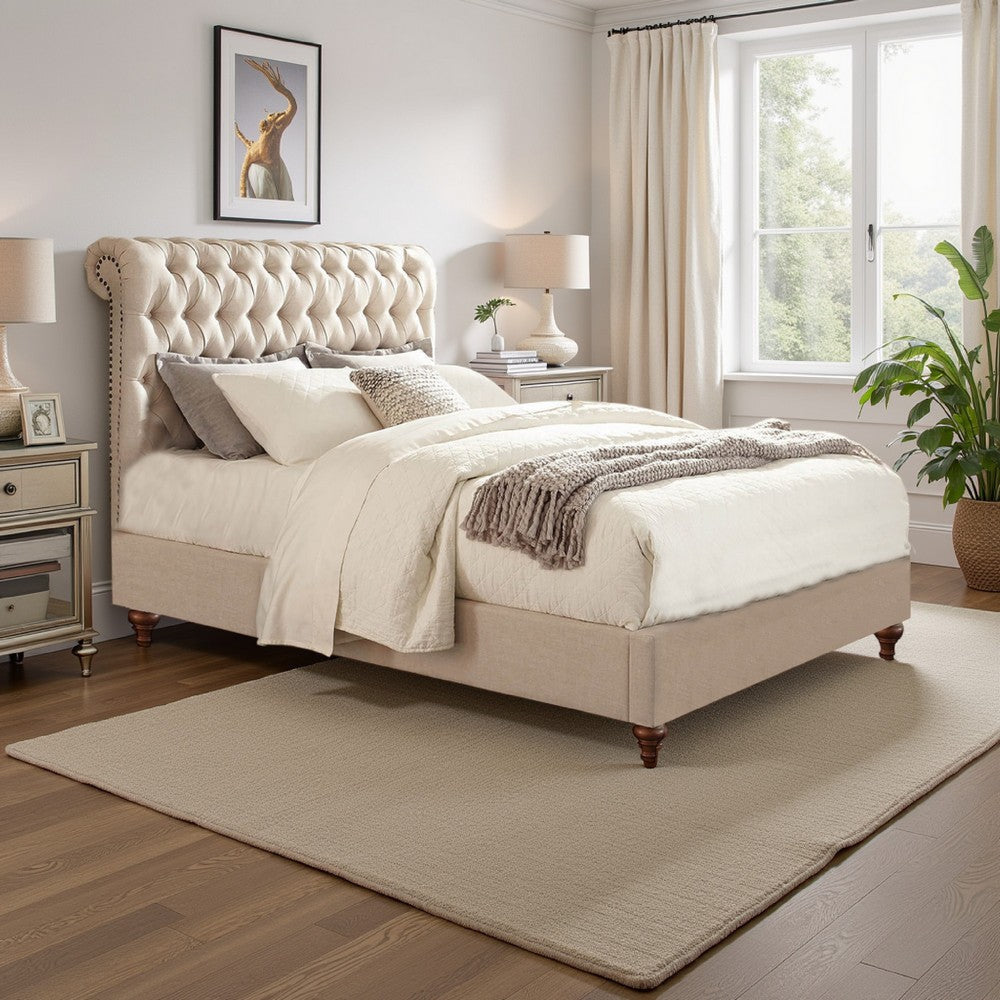 Bed | King Size | Wood | Button Tufted Headboard | Beige BM206623