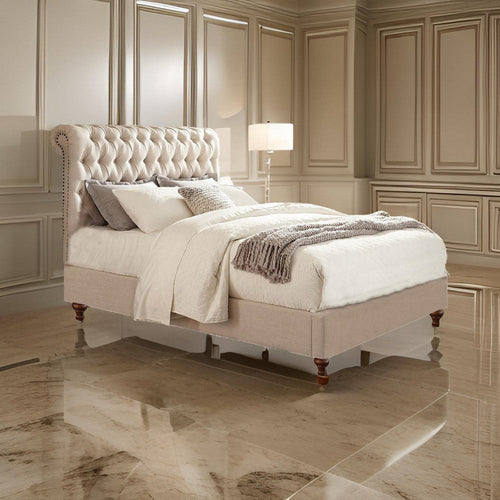 Bed | California King | Wood | Button Tufted Headboard | Beige