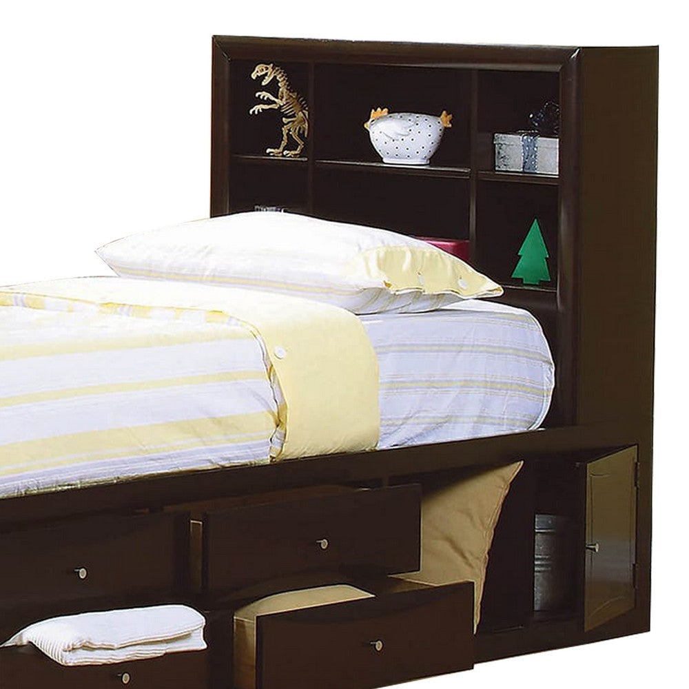 Wooden Twin Size Bed with Bookcase Headboard and Storage Unit Brown By Casagear Home BM206626