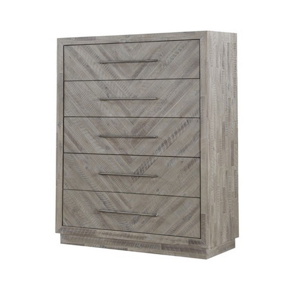 5 Drawer Chest with Herringbone Pattern and Bar Handles, Weathered Brown