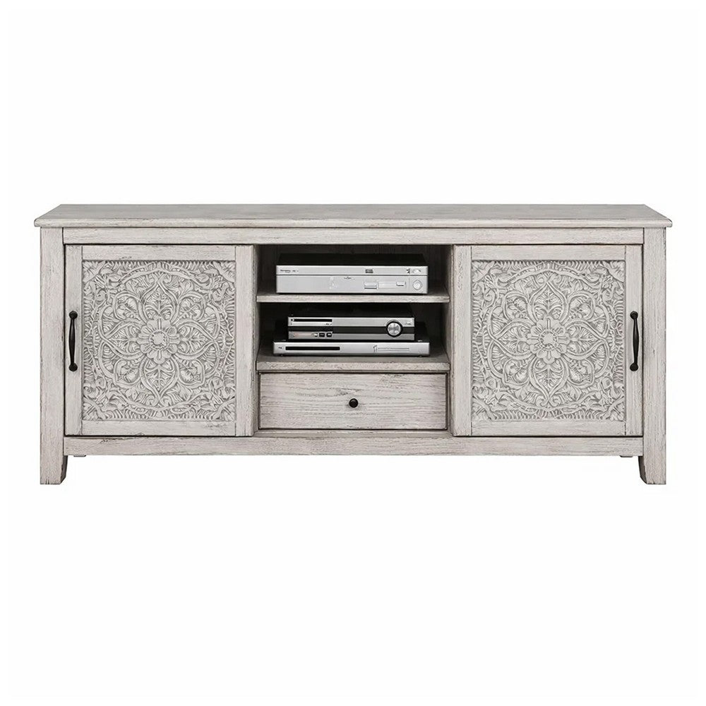 Wooden TV Console with 2 Polyresin Carved Cabinets and 1 Drawer, Gray