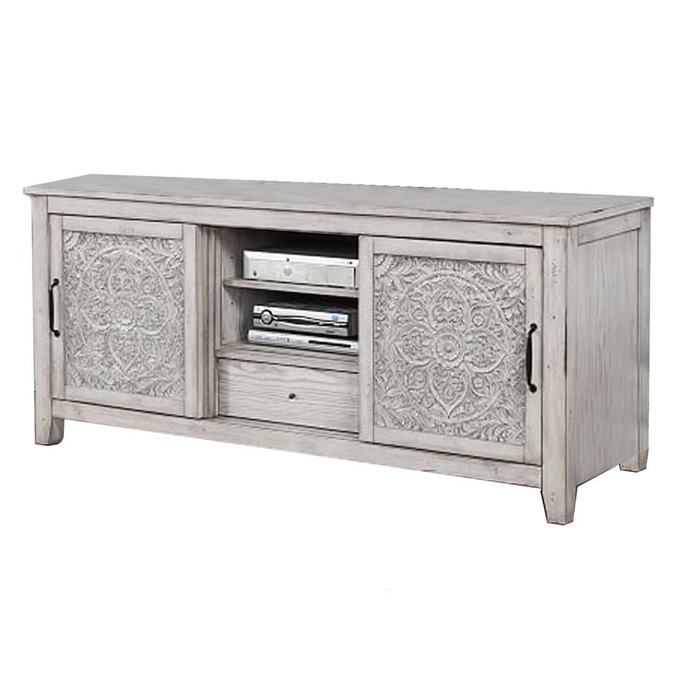 Wooden TV Console with 2 Polyresin Carved Cabinets and 1 Drawer, Gray
