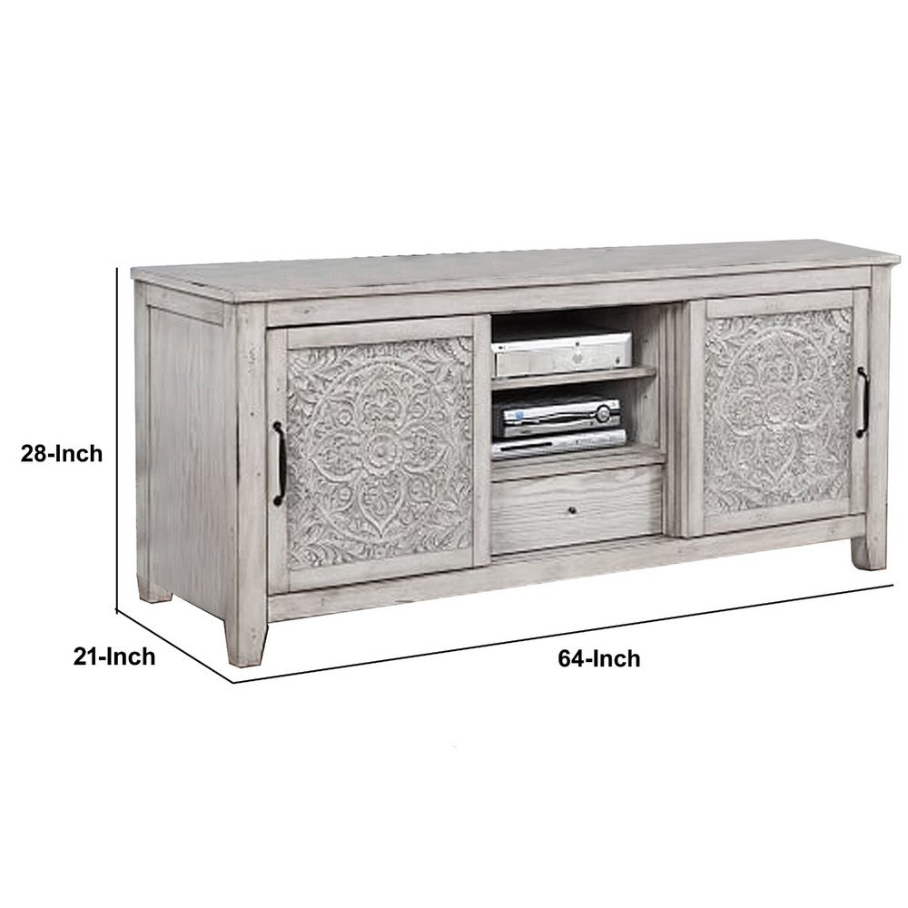 Wooden TV Console with 2 Polyresin Carved Cabinets and 1 Drawer, Gray