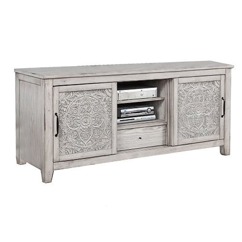 Wooden TV Console with 2 Polyresin Carved Cabinets and 1 Drawer, Gray