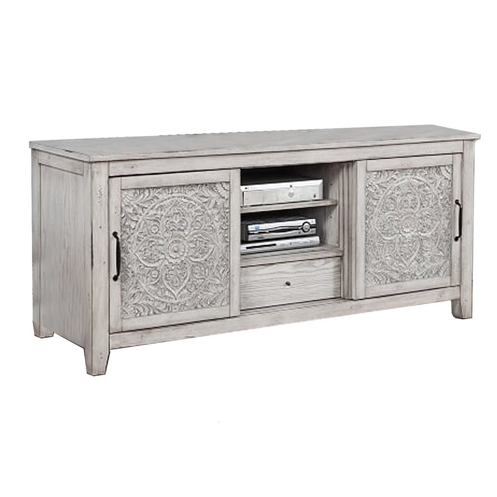 Wooden TV Console with 2 Polyresin Carved Cabinets and 1 Drawer, Gray