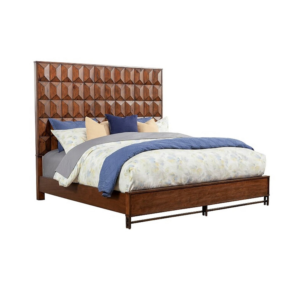 Wooden Queen Size Bed with Honeycomb Design High Headboard, Brown
