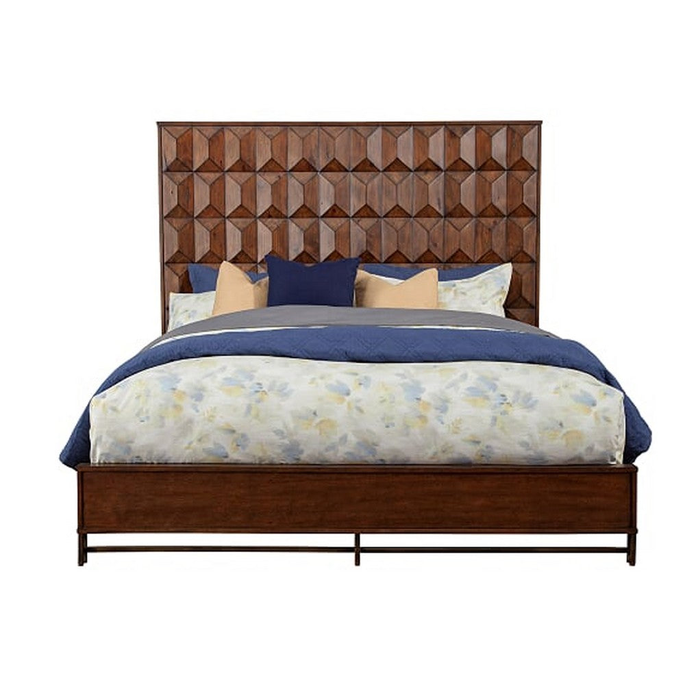 Wooden Queen Size Bed with Honeycomb Design High Headboard, Brown