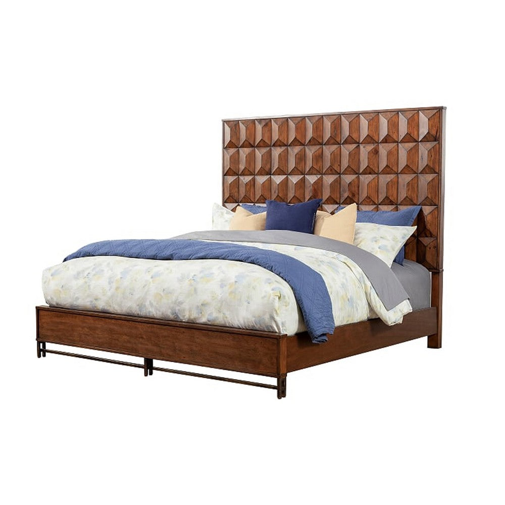 Wooden Queen Size Bed with Honeycomb Design High Headboard, Brown
